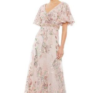 Mac Duggal Rose Pink Floral Sequin Beaded Flutter Sleeve Gown